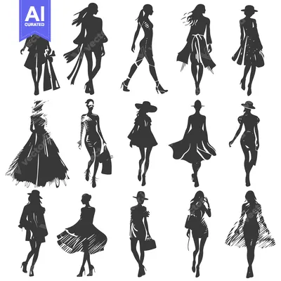 Aset desain premium: Silhouettes of Women in Various Fashionable Outfits and Poses