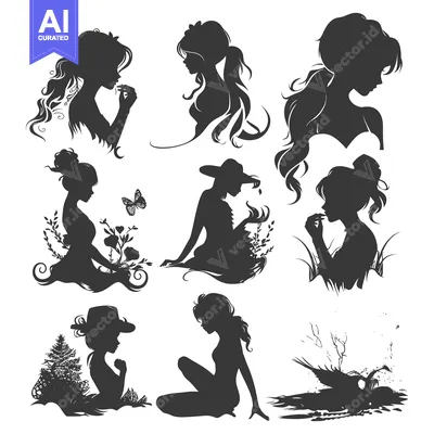 Silhouettes of Women in Various Poses with Nature Elements