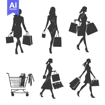 Silhouettes of Women Shopping with Bags and a Cart