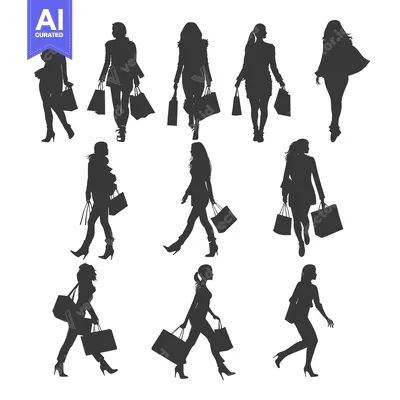 Aset desain premium: Silhouettes of Women Walking with Shopping Bags