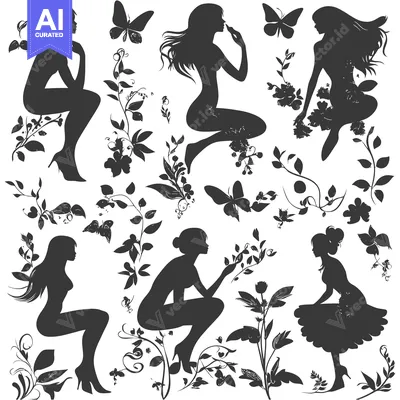Aset premium populer: Silhouettes of Women with Flowers and Butterflies