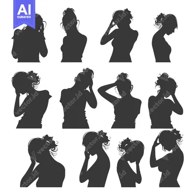 Aset desain premium: Silhouettes of Women with Hair Up in a Bun Posing in Different Ways