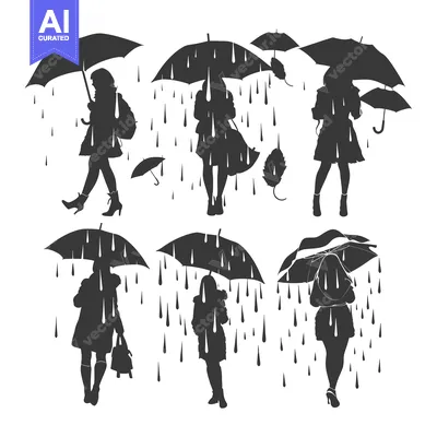 Aset desain premium: Silhouettes of Women with Umbrellas in the Rain