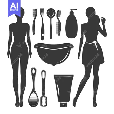 Silhouettes of Women with Various Bathroom Items