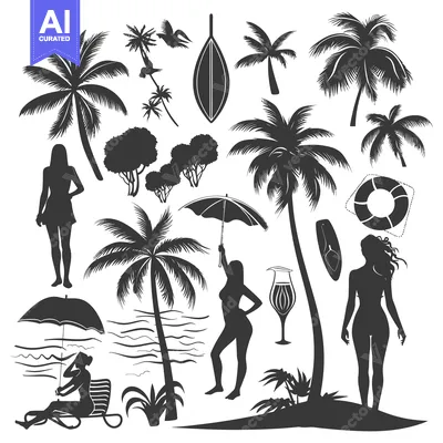 Aset desain premium: Silhouette Tropical Beach Scene with Palm Trees, Women, and Accessorie