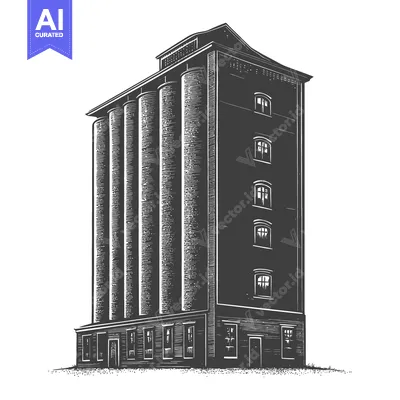 Aset desain premium: Detailed illustration of a tall brick industrial storage building