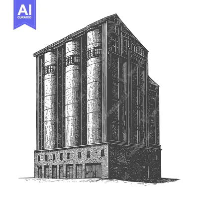 An illustrative drawing showing an industrial structure with silos