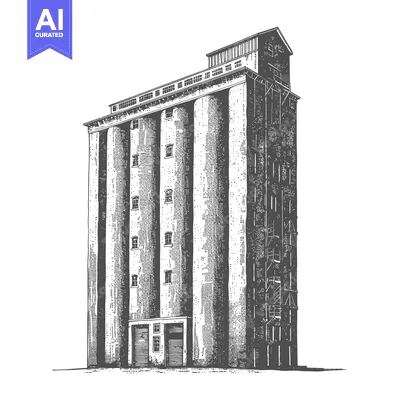 A tall illustration depicting a grain silo storage and processing stru