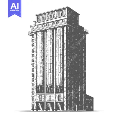 Detailed illustration presents a tall industrial silo building with ma