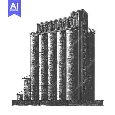 Large vintage industrial grain silo storage building illustration