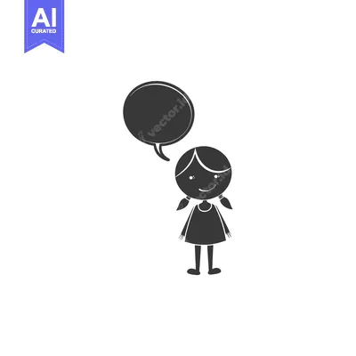 Aset desain premium: Simple Black and White Illustration of a Girl with a Speech Bubble
