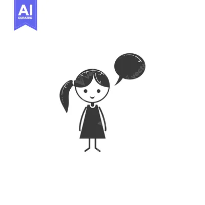 Simple black and white illustration of a girl with a speech bubble