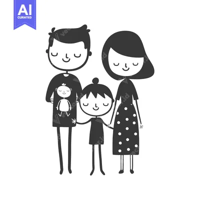 Aset premium populer: Simple black and white illustration of a happy family of four