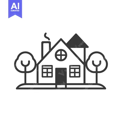 Simple Black and White Illustration of a House with Trees