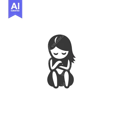 Simple Black and White Illustration of a Sad Girl Sitting Down