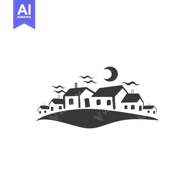 Simple Black and White Illustration of a Village at Night