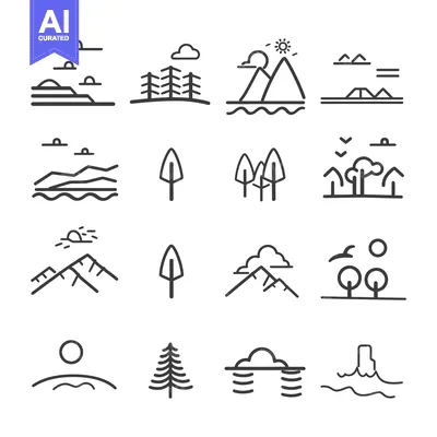 Aset premium populer: Simple Line Art Icons of Nature Elements