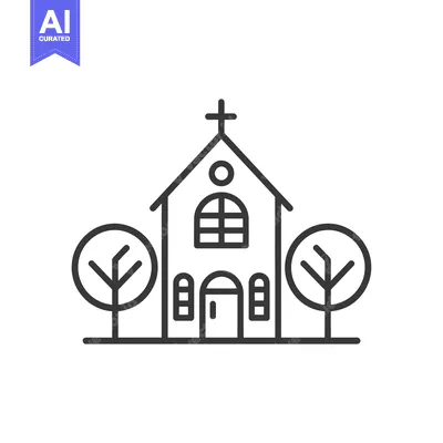 Simple Line Art Illustration of a Church Building with Trees