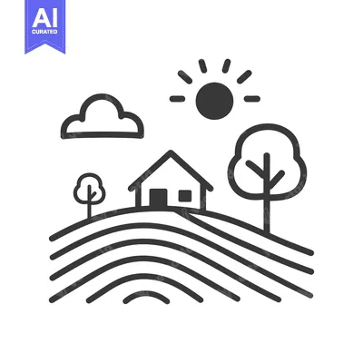 Premium design asset: Simple Line Art Illustration of a House on a Hill with Trees, Sun and