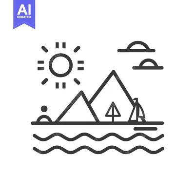 Simple Line Art Illustration of a Mountain Scene with a Boat on Water