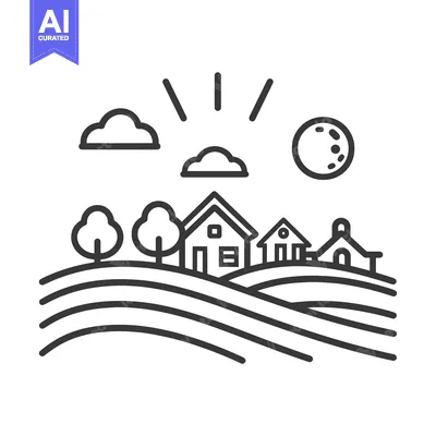 Aset desain premium: Simple Line Art Illustration of a Rural Landscape with Houses and Roll