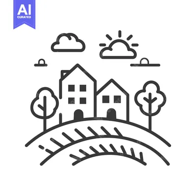 Simple Line Art Illustration of a Sunny Day with Houses and Trees on a