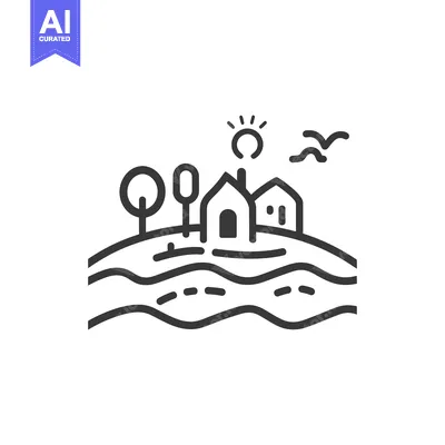 Simple Line Art Illustration of a Village by a River