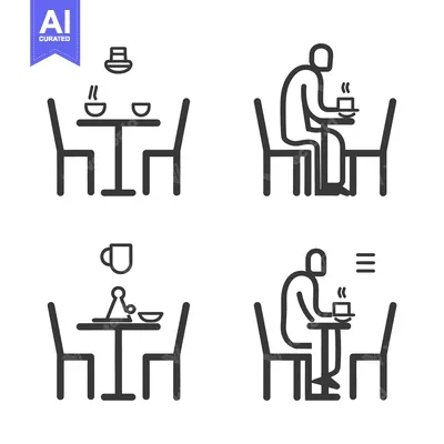 Aset desain premium: Simple Line Art Illustration of People Sitting at Tables with Food and