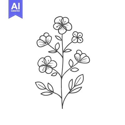 Aset desain premium: Simple Line Drawing of a Branch with Five Flowers and Leaves