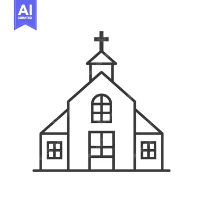 Simple Line Drawing of a Church with a Cross on Top