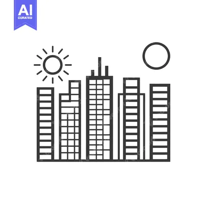 Simple Line Drawing of a City Skyline with a Sun and Moon