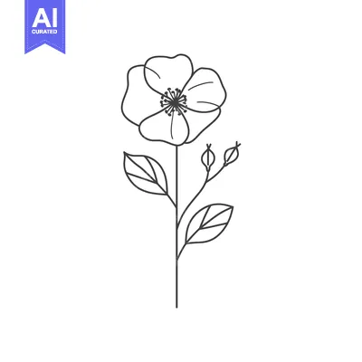 Aset desain premium: Simple Line Drawing of a Flower with Buds and Leaves