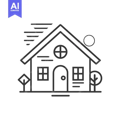 Premium design asset: Simple Line Drawing of a House with a Door, Windows, and Trees