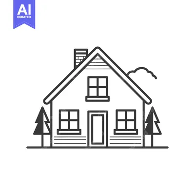 Aset desain premium: Simple Line Drawing of a House with Trees and a Cloud