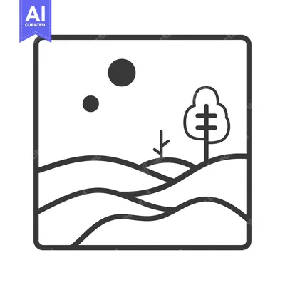 Premium design asset: Simple Line Drawing of a Landscape with a Tree, Hills, and Two Circles