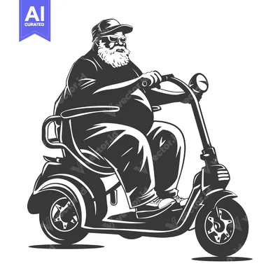 A Bearded Man in a Cap Driving a Motorized Scooter