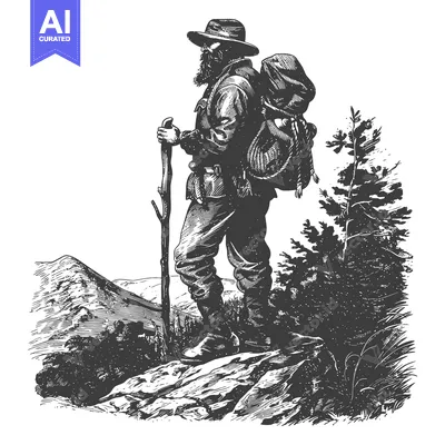 A Bearded Man in a Hat Standing on a Mountain Top with a Backpack and