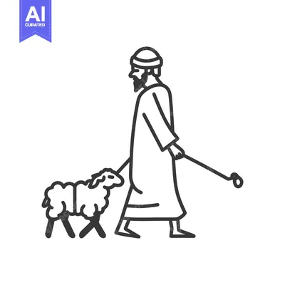 A bearded man in traditional clothing walking a sheep