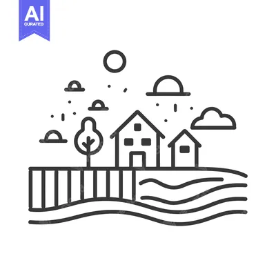 Premium design asset: Simple Line Drawing of Two Houses by a River