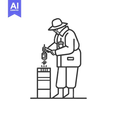 Aset premium populer: A beekeeper in a suit inspecting a beehive