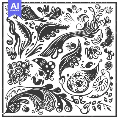 A Black and White Abstract Floral Design with Swirls and Dots