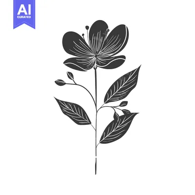 Single Black and White Flower with Leaves