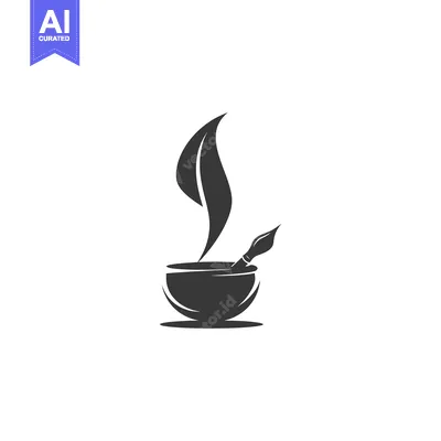 A black and white abstract logo of a teacup with a leaf and a paintbru