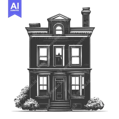 Aset desain premium: An artistic black and white illustration of a stately residential buil