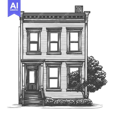 Aset premium populer: A detailed monochrome illustration of a classic residential townhouse
