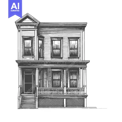 Premium design asset: A detailed black and white drawing of a two story house