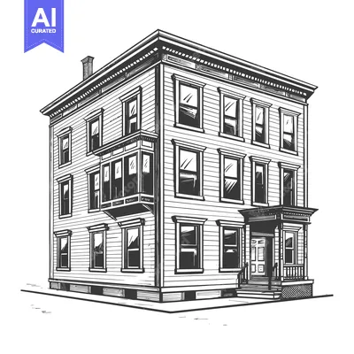 Detailed black and white illustration of a multi story residential str