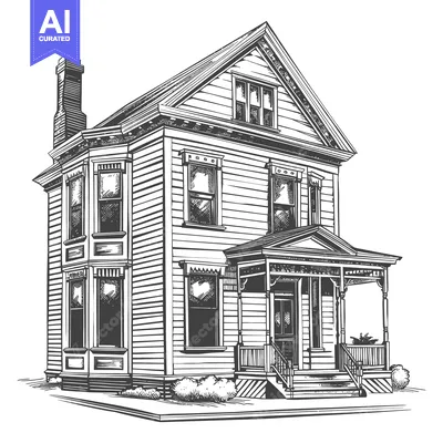 Popular premium asset: A detailed black and white illustration of a victorian style home