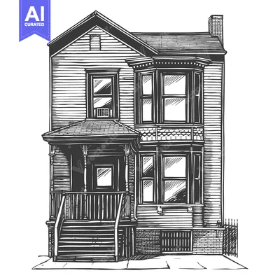 Aset desain premium: A detailed black and white illustration of a classic two story home