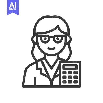 Aset desain premium: Smiling Woman with Glasses and Calculator, Professional Line Art Icon